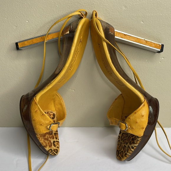 LUCIANO ROSSI Platform Heels Genuine Ostrich Laces Up Ankle Square Size 9 - Picture 3 of 12